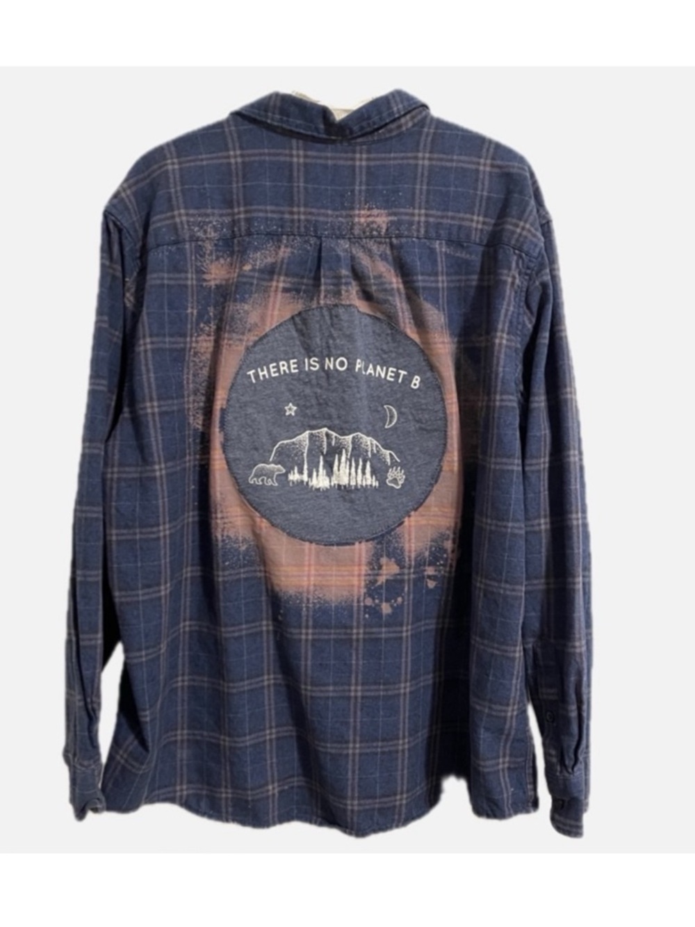 Upcycled Blue Plaid Flannel Shirt with Environmental Patch